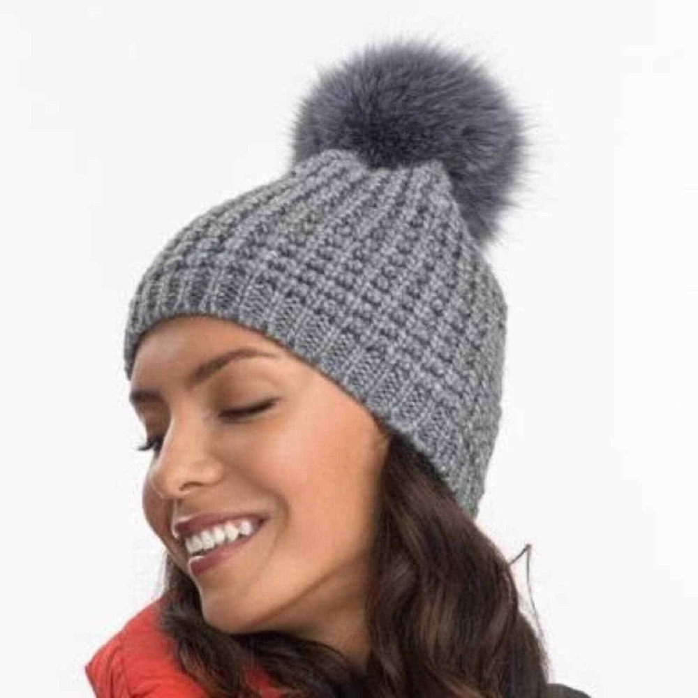 Kyi‎ Kyi Classic Fox Fur Pom Pom Gray Wool Blend Knit Beanie Hat New